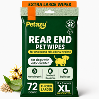 Petazy Rear End Pet Wipes, 72 extra-large 8x8 inch unscented wipes for anal gland itch, odor and hygiene