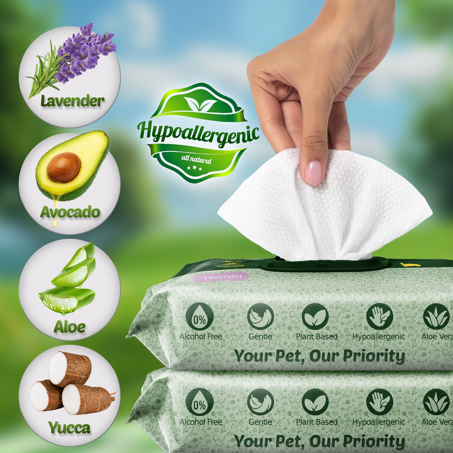 All-natural hypoallergenic pet wipes for dogs and cats featuring Lavender, Avocado, Aloe, and Yucca. The plant-based, alcohol-free formula is gentle on sensitive skin and comes in a convenient soft-pack dispenser.
