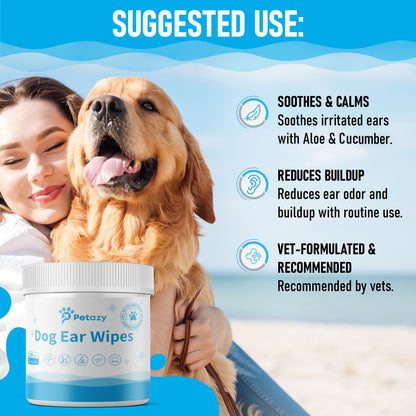 Petazy Dog Ear Wipes featuring natural ingredients: Aloe Vera, Avocado, Cucumber, Oat Kernel Extract, and Yucca. The 120-count, 3-inch wipes are vet-recommended and clinically approved for gentle pet ear cleaning.