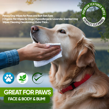 Petazy organic, hypoallergenic lavender-scented dog wipes for cleaning paws, face, body, and bum. Features extra-thick, premium textured wipes being used to clean a Golden Retriever's face in an outdoor setting.