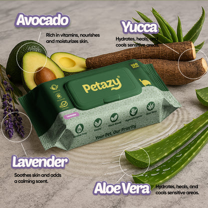 Petazy hypoallergenic all-natural pet wipes in a lavender soft-pack dispenser. These gentle, plant-based wipes use Aloe, Avocado, Yucca, and Lavender to provide alcohol-free cleaning for sensitive pets.