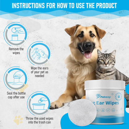 Petazy Dog Ear Wipes featuring natural ingredients: Aloe Vera, Avocado, Cucumber, Oat Kernel Extract, and Yucca. The 120-count, 3-inch wipes are vet-recommended and clinically approved for gentle pet ear cleaning.
