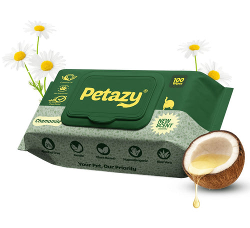Petrazy wipes packaging with chamomile flowers and coconut, indicating natural ingredients.
