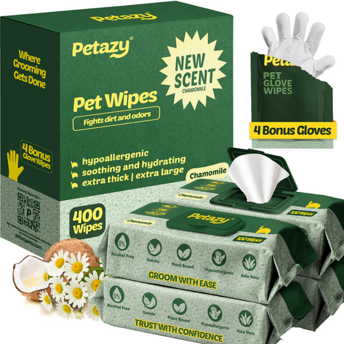 A large green box and several individual packs of Petazy Pet Wipes in a new Chamomile scent. The product is designed to fight dirt and odors while being hypoallergenic, soothing, and hydrating.