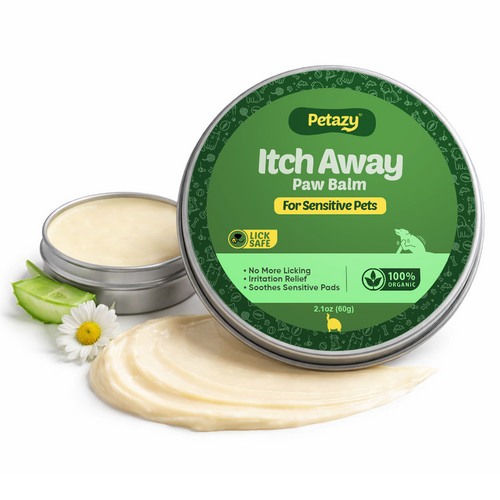 Petazy Itch Away Paw Balm for Sensitive Pets, 2.1oz tin. 100% Organic and Lick-Safe anti-itch formula to stop licking, provide irritation relief, and soothe sensitive pads.