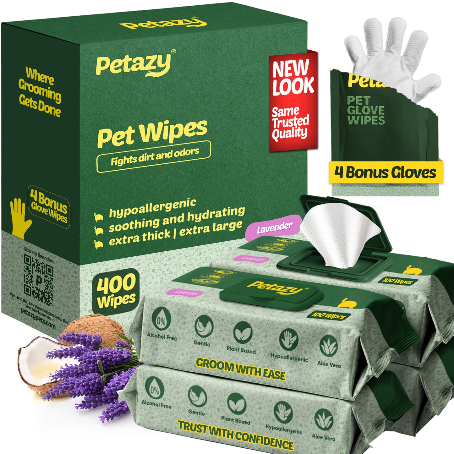 Petzyy pet wipes packaging with green box, lavender-scented wipes, and gloves on a white background.