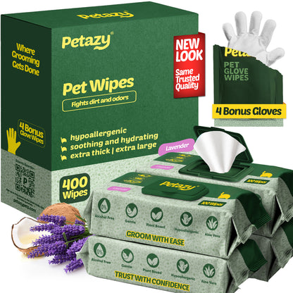 Petzyy pet wipes packaging with green box, lavender-scented wipes, and gloves on a white background.