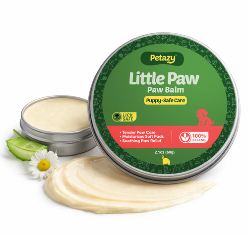 Petazy Little Paw Balm for Puppy-Safe Care, 2.1oz tin. 100% Organic and Lick-Safe tender paw care to moisturize soft pads and provide soothing puppy paw relief.