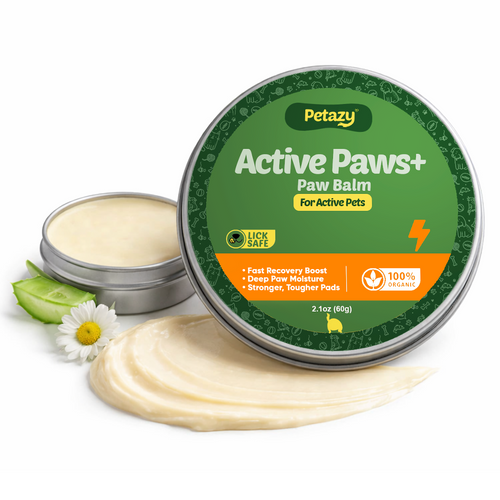 Petazy Active Paws+ Paw Balm with green lid and white container on a white background