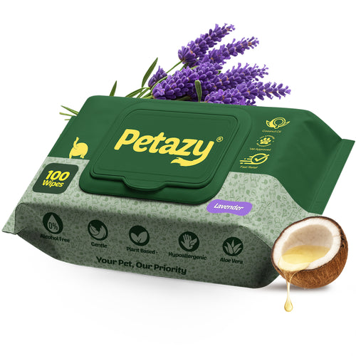 Petrazy wipes packaging with lavender and coconut oil graphics on a white background