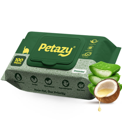 Petrazy green and gray package of unscented pet wipes with a coconut and aloe vera illustration on a white background.