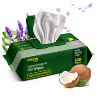 Petazy Lavender Hypoallergenic Pet Wipes, 100-count pack with lavender sprigs, coconut and aloe vera