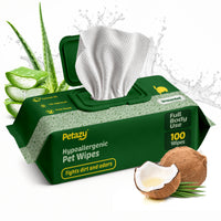 Petazy Unscented Hypoallergenic Pet Wipes, 100-count pack with coconut and aloe vera, for full-body use