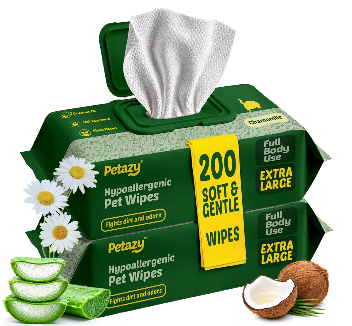 Two packs of Petazy Chamomile Hypoallergenic Pet Wipes, 200 extra-large, soft and gentle wipes with chamomile and aloe