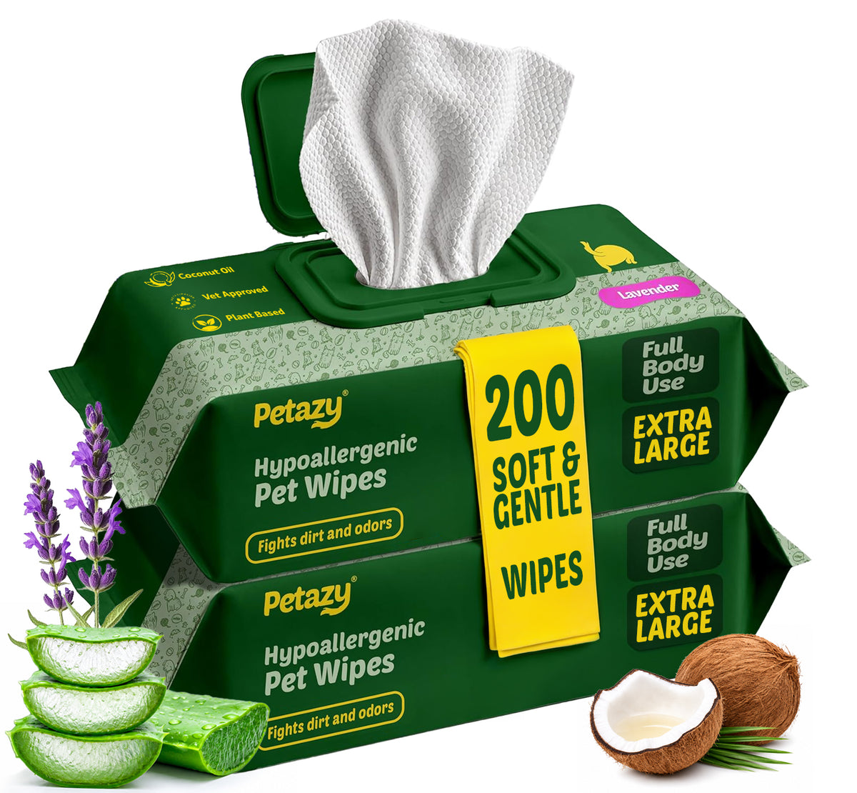 Two packs of Petazy Lavender Hypoallergenic Pet Wipes, 200 extra-large, soft and gentle wipes with lavender and aloe