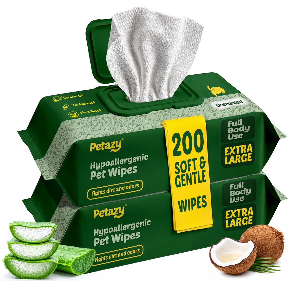 Two packs of Petazy Unscented Hypoallergenic Pet Wipes, 200 extra-large, soft and gentle wipes with aloe and coconut