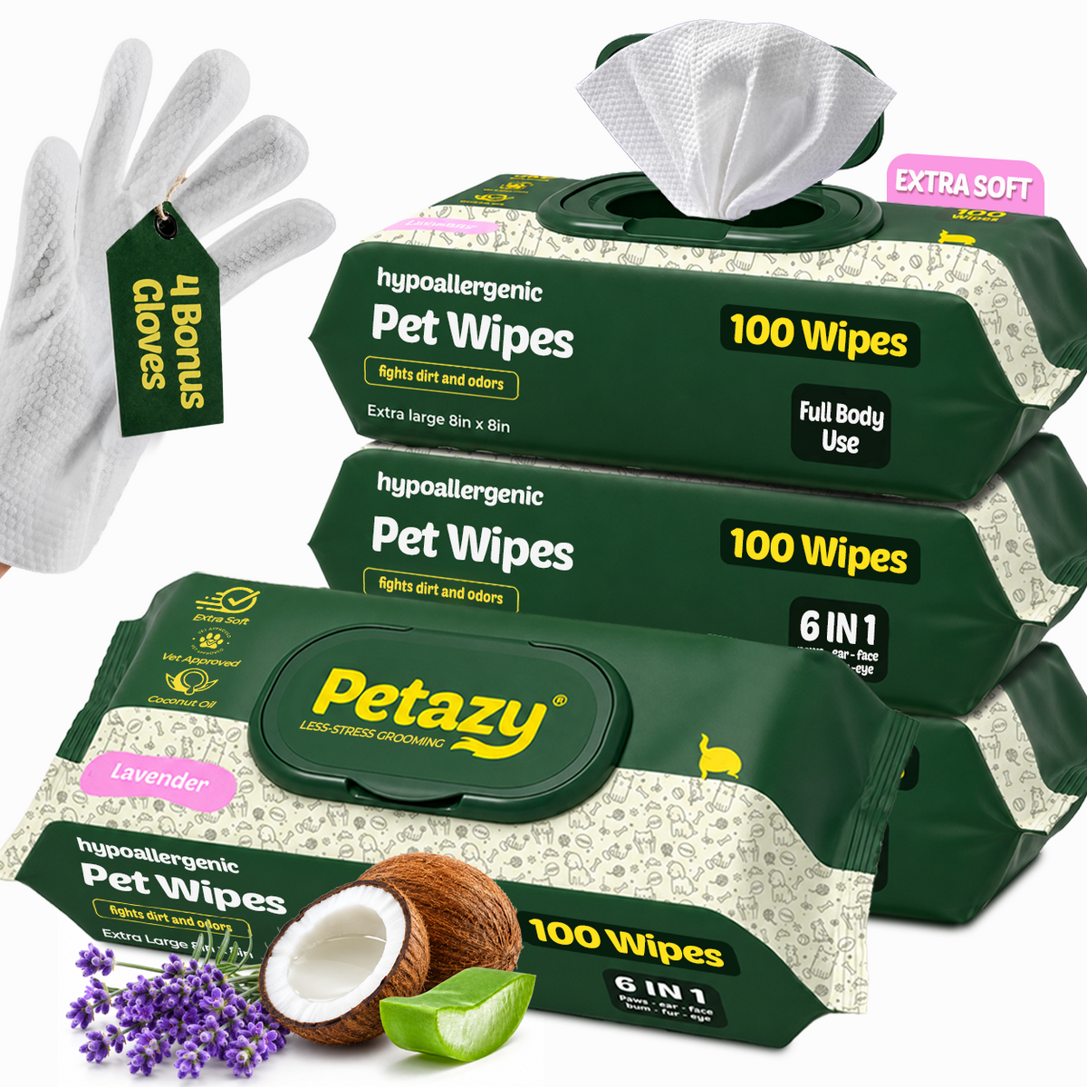 Four packs of Petazy Lavender Pet Wipes, 400 extra-soft 6-in-1 wipes with 4 bonus glove wipes, coconut and aloe