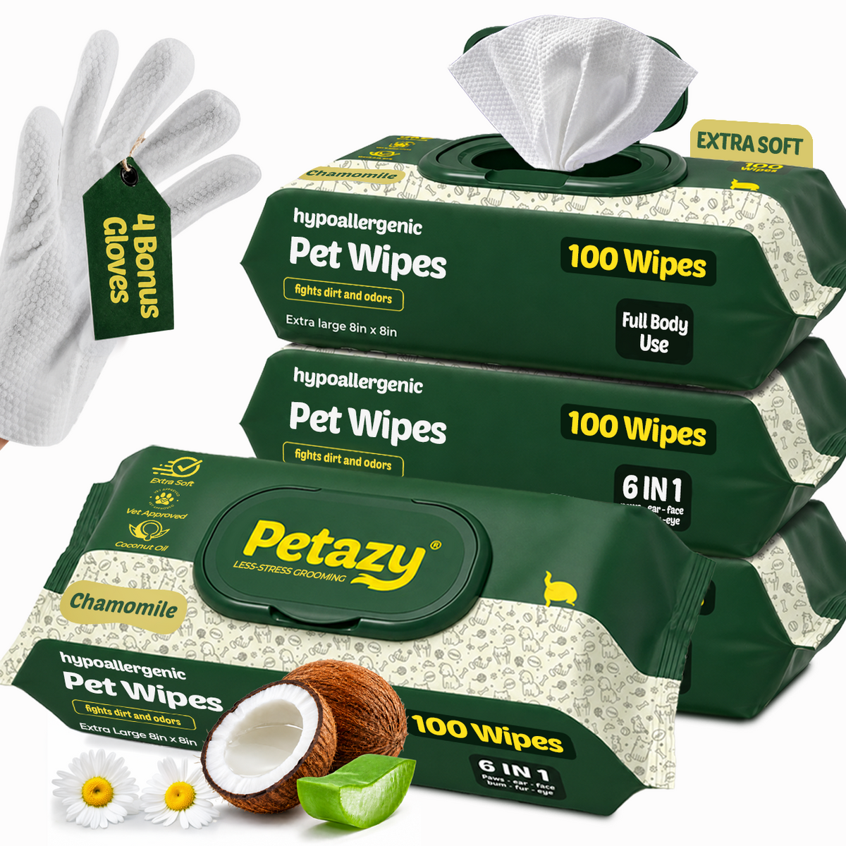 Four packs of Petazy Chamomile Pet Wipes, 400 extra-soft 6-in-1 wipes with 4 bonus glove wipes, coconut and aloe