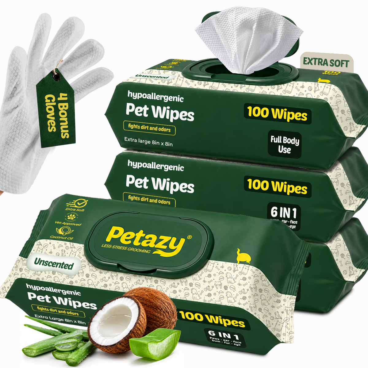 Four packs of Petazy Unscented Pet Wipes, 400 extra-soft 6-in-1 wipes with 4 bonus glove wipes, coconut and aloe