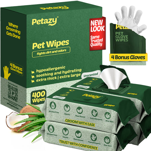 A large green box of Petazy Pet Wipes featuring a total of 400 unscented wipes and 4 bonus glove wipes.
