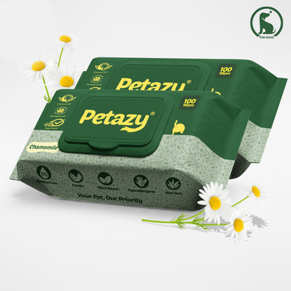Petazy Chamomile Pet Wipes for Dogs, 200 Count Total (Two 100-Wipe Packs) with Coconut Oil and Aloe Vera. Plant-Based, Hypoallergenic, and Alcohol-Free grooming wipes for sensitive skin.