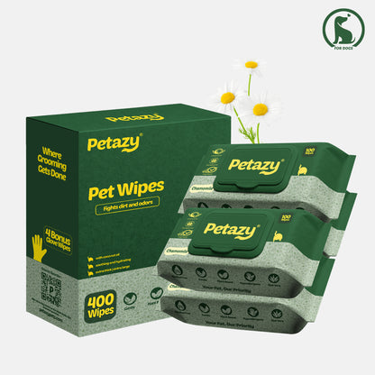 Petazy Chamomile Pet Wipes for Dogs, 400 Count Bulk Pack with Coconut Oil and Aloe Vera, Hypoallergenic Grooming Wipes for Dirt and Odor Relief.
