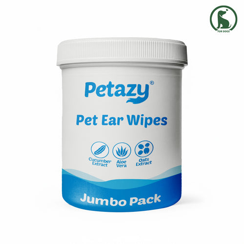 Petazy Pet Ear Wipes for dogs, jumbo pack jar with cucumber extract, Aloe Vera, and oats extract. Gentle and soothing ear cleaning wipes for daily pet hygiene.