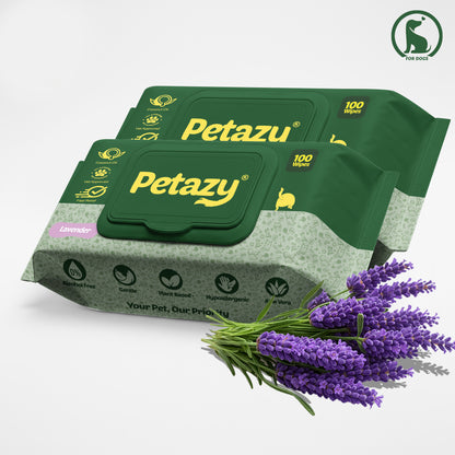 Petazy Lavender Pet Wipes for Dogs, 200 count total (two 100-wipe packs) with Coconut Oil and Aloe Vera. Alcohol-free and plant-based grooming wipes for thorough cleaning.