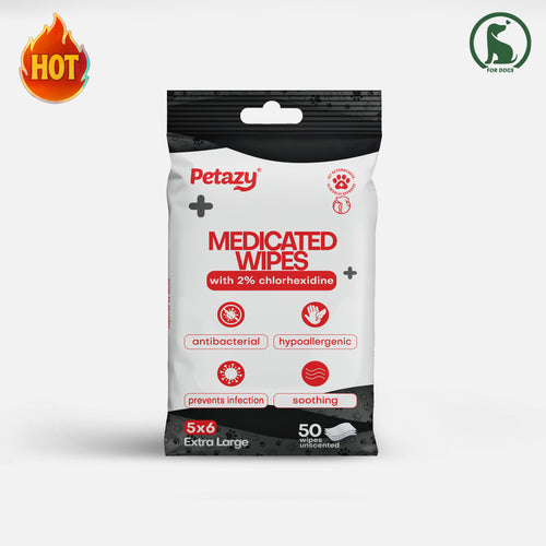 Petazy Medicated Wipes with 2% chlorhexidine, 50 count unscented 5x6 extra-large wipes. Antibacterial and hypoallergenic formula to prevent infection and provide soothing relief.