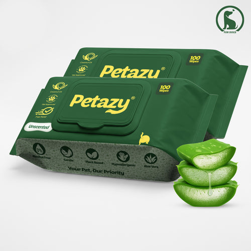 Petazy Unscented Pet Wipes for Dogs, 200 Count Total (Two 100-Wipe Packs). Fragrance-free, hypoallergenic, and plant-based grooming wipes with Aloe Vera for sensitive pets.