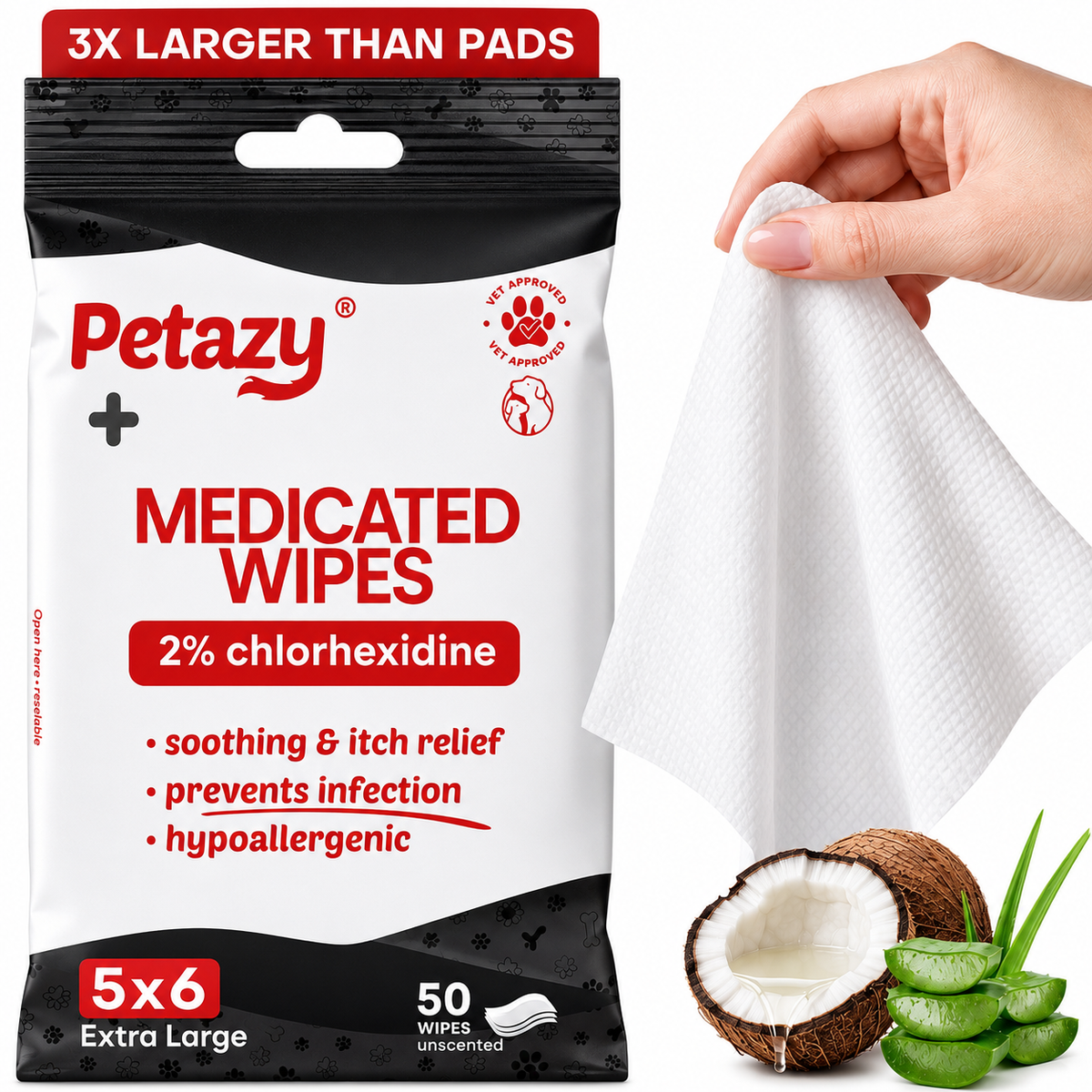 Petazy Medicated Pet Wipes with 2% chlorhexidine, 50 extra-large 5x6 wipes for soothing, itch relief and infection prevention