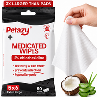 Petazy Medicated Pet Wipes with 2% chlorhexidine, 50 extra-large 5x6 wipes for soothing, itch relief and infection prevention