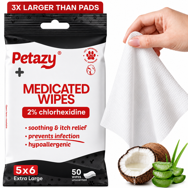 Petazy Medicated Pet Wipes with 2% chlorhexidine, 50 extra-large 5x6 wipes for soothing, itch relief and infection prevention