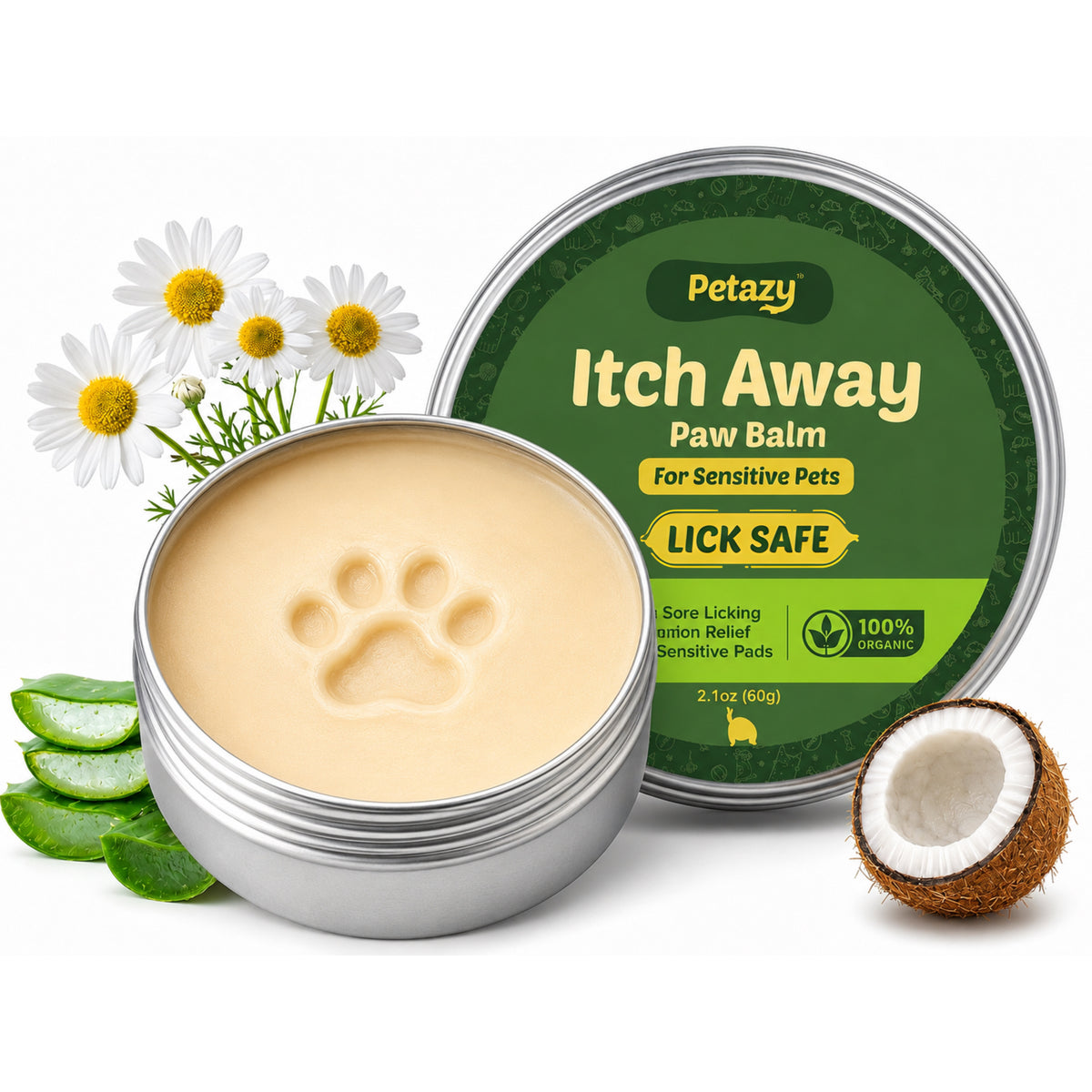Petazy Itch Away Paw Balm, 2.1 oz lick-safe organic tin for sensitive pets, with aloe, chamomile and coconut
