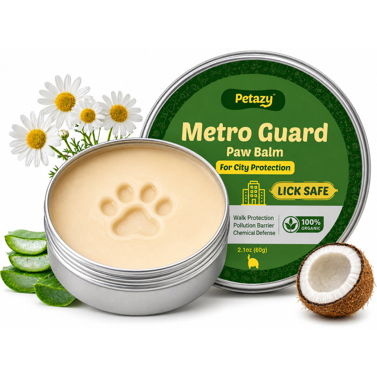 Petazy Metro Guard Paw Balm, 2.1 oz lick-safe organic tin for city paw protection, with aloe, chamomile and coconut